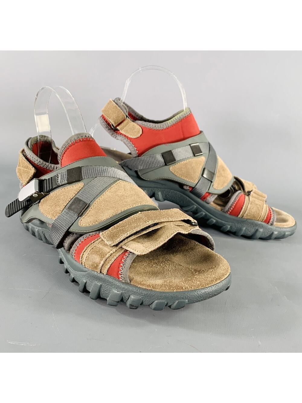 LANVIN Size 8 Beige Red Neoprene Hook Loop Closure Sandals